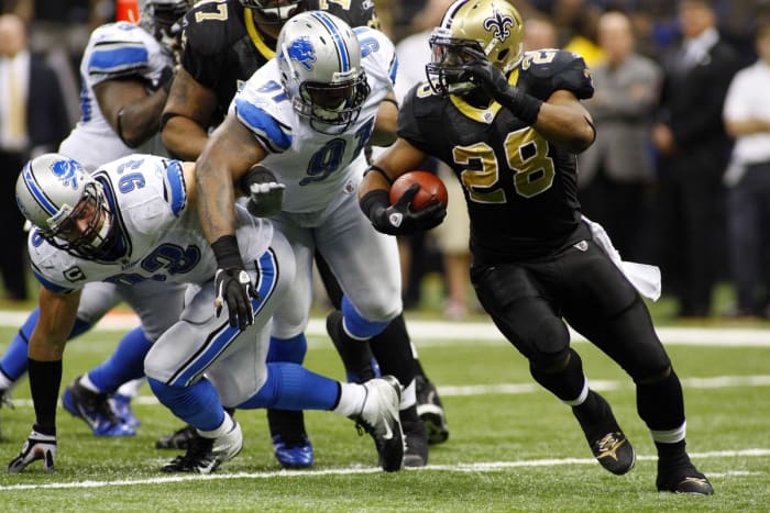 December 4, 2011; New Orleans Saints running back Mark Ingram (28) carries the ball against the Detroit Lions. Mandatory Credit: John David Mercer-USA TODAY Sports